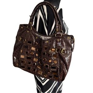 Brown Croc-Embossed Studded Tote Bag | Statement Shoulder Bag | Gold Hardware